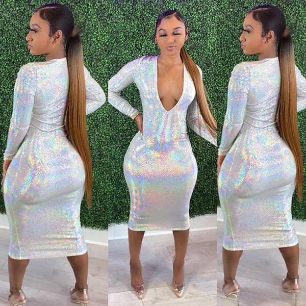 Sexy Sequins V-Neck Long Sleeves Plus Size Midi Skinny Dress Q2949