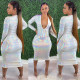 Sexy Sequins V-Neck Long Sleeves Plus Size Midi Skinny Dress Q2949