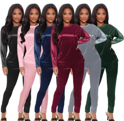 Home Wear Solid Color Round Neck Long Sleeves Top With Trousers Two Pieces Sets FM89