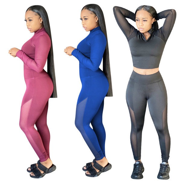 Sports Mesh Stitching Zipper Long Sleeves Mini Top With Trousers Yoga Two Piece Sets YZ938