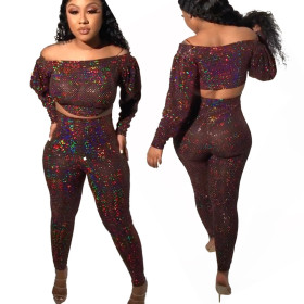 Sexy Sequins Off Shoulder Long Sleeves Cropped Top With Trousers Two Pieces Sets YFS8850