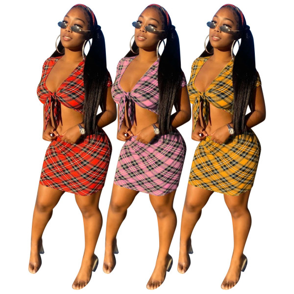 Ladies Fashion Casual Plaid Print Bundled Skirt Suit AT5121
