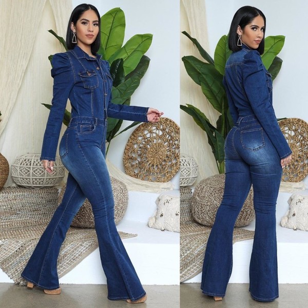 Fashion Denim Turn-Down Collar Long Sleeves Plus Size Jumpsuit OSS20917