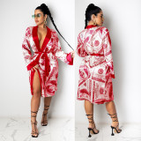 Sexy Printed Long Sleeves Lace-Up Cardigan Midi Jacket KA7139