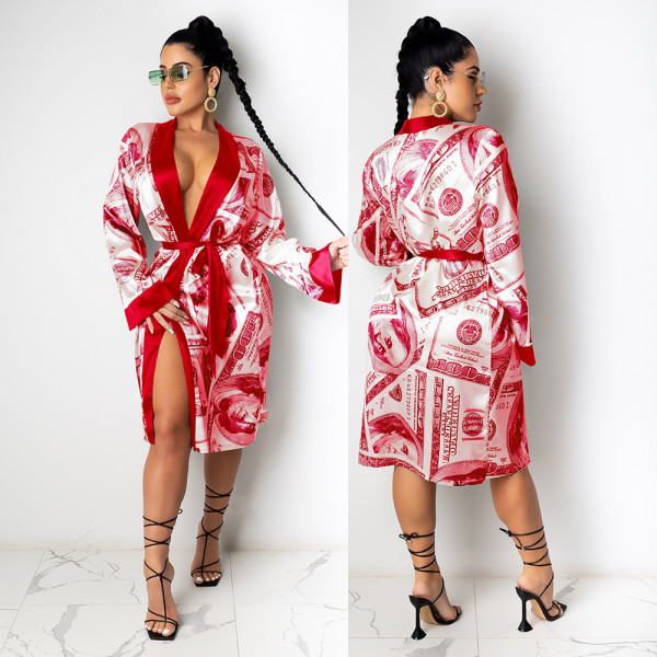 Sexy Printed Long Sleeves Lace-Up Cardigan Midi Jacket KA7139