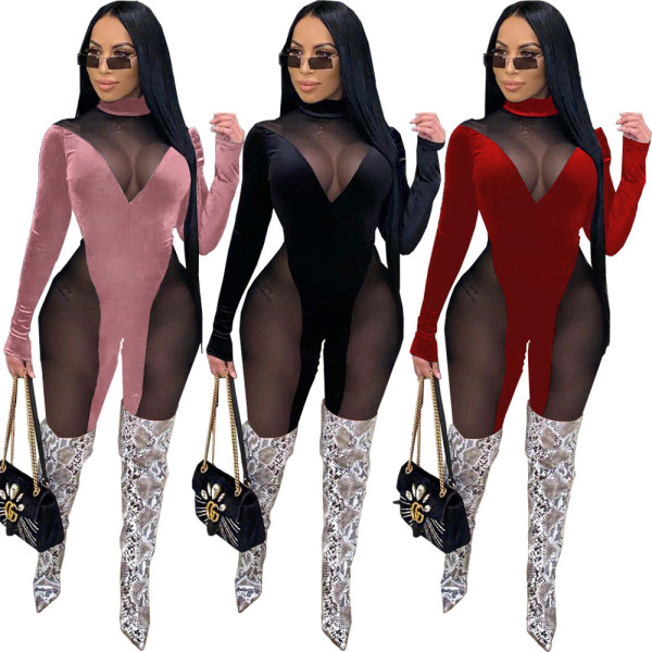Sexy Perspective Mesh Stitching Long Sleeves Skinny Jumpsuit DN8555