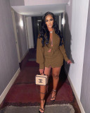 Sexy Solid Color Long Sleeves Shirt With Mini Button Skirt Two Pieces Sets  A5219