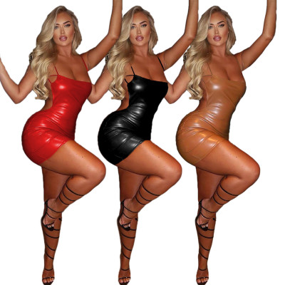 Sexy Leather Suspender Backless Mini Skinny Dress JLX2005
