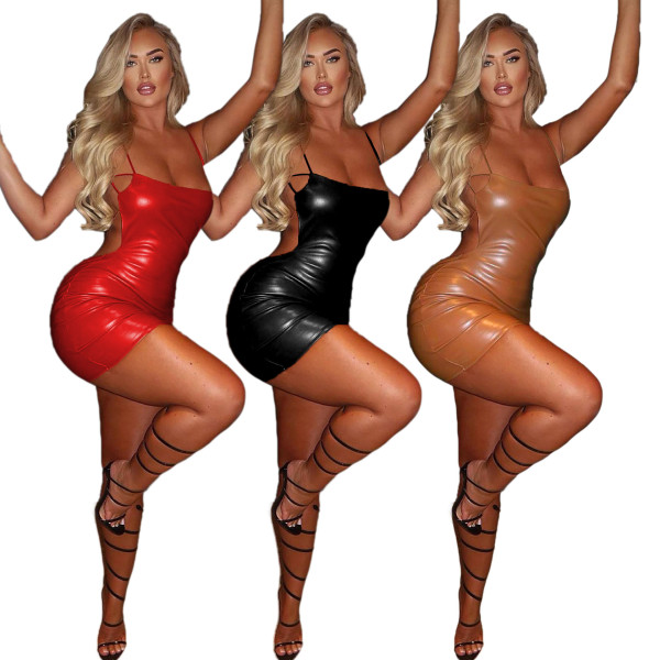 Sexy Leather Suspender Backless Mini Skinny Dress JLX2005
