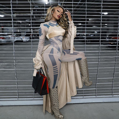 Sexy See-Through Mesh Printed Round Neck Long Sleeves Bodysuit With Trousers Two Pieces Sets S0A3669