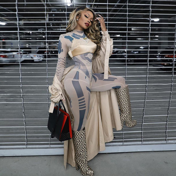 Sexy See-Through Mesh Printed Round Neck Long Sleeves Bodysuit With Trousers Two Pieces Sets S0A3669