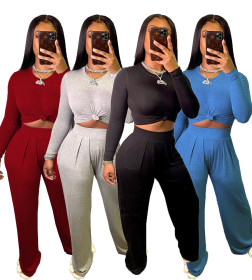 Casual Round Neck Long Sleeves Top With Wide Leg Pants Two Pieces Sets AA5210