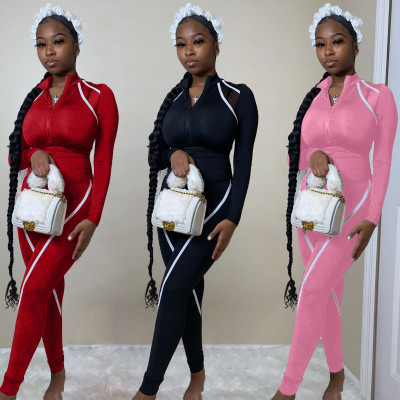 Fashion Contrast Zipper V-Neck Long Sleeves Skinny Jumpsuit ALS223
