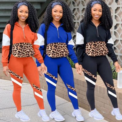Casual Leopard Printed Stitching Zipper Long Sleeves Top With Trousers Two Piece Sets YZL814