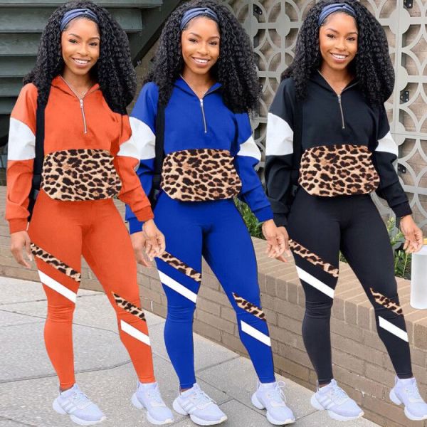 Casual Leopard Printed Stitching Zipper Long Sleeves Top With Trousers Two Piece Sets YZL814