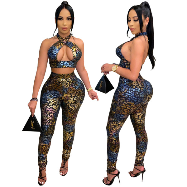 Sexy Sequins Hollow Out Sleeveless Backless Cropped Tops With High Waist Trousers Two Pieces Sets C