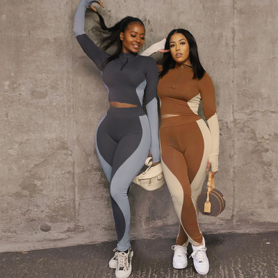 Casual Contrast Stitching Zipper Long Sleeves Tops With Trousers Two Pieces Sets  K20S10194