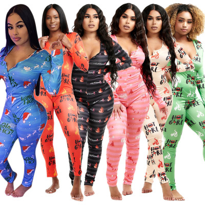 Fashion Letter Printed V-Neck Long Sleeves Skinny Jumpsuit KZ222