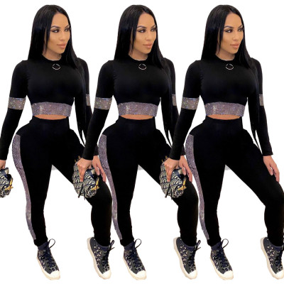 Fashion Round Neck Long Sleeves Cropped Top With Trousers Two Piece Sets LY613