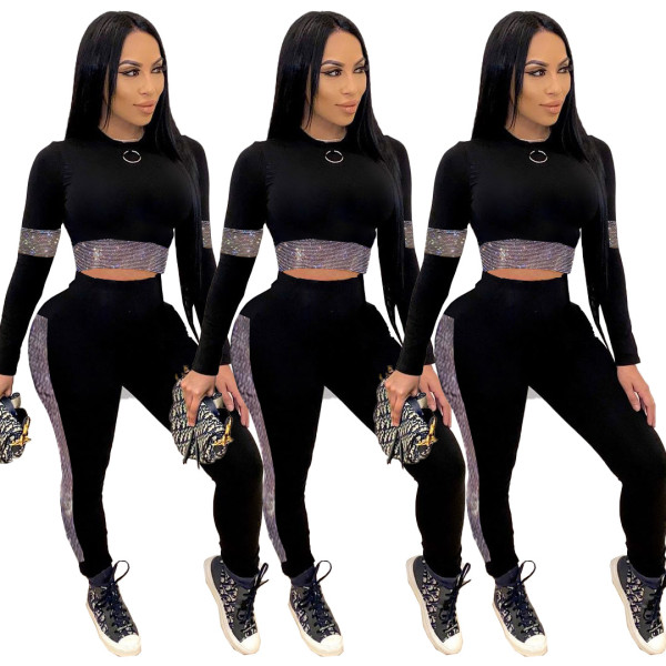 Fashion Round Neck Long Sleeves Cropped Top With Trousers Two Piece Sets LY613