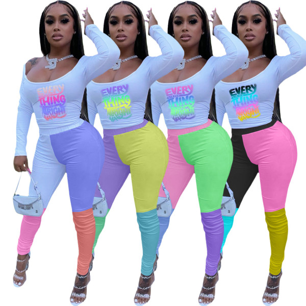 Fashion Letter Printed Round Neck Long Sleeves Top With Contrast Trousers Two Piece Sets S6239