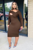 Sexy Solid Color V-Neck Long Sleeves Skinny Midi Dress KA7141
