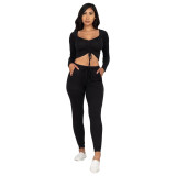 Fashion Solid Color Square Collar Long Sleeves Drawstring Cropped Top With Trousers Two Piece Sets Y