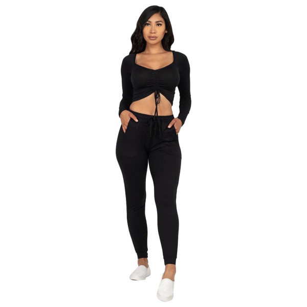 Fashion Solid Color Square Collar Long Sleeves Drawstring Cropped Top With Trousers Two Piece Sets Y