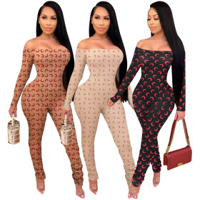 Sexy Printed Off Shoulder Long Sleeves Skinny Jumpsuit FA7155