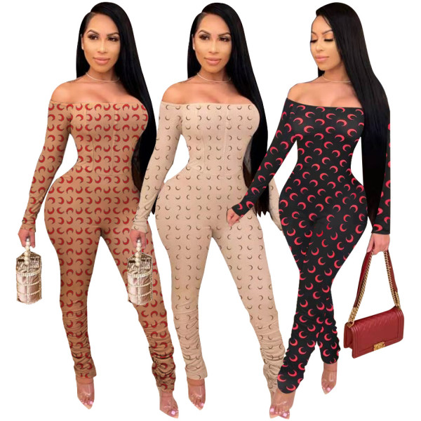Sexy Printed Off Shoulder Long Sleeves Skinny Jumpsuit FA7155