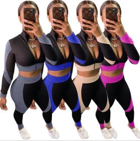 Sexy Knitting Contrast Zipper V-Neck Cropped Top With Trousers Two Piece Sets YL8054