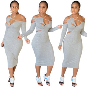 Sexy Solid Color Irregular Hollow Out Long Sleeves Midi Skinny Dress BN125