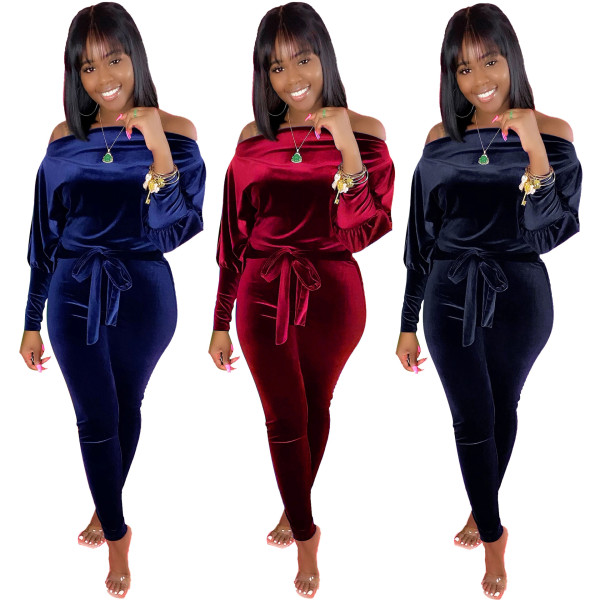 Sexy Velvet Off Shoulder Long Sleeves Belt Jumpsuit YH5198