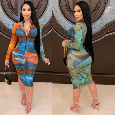 Sexy Tie Dye Printed Zipper V-Neck Long Sleeves Pleated Midi Skinny Dress FRT472