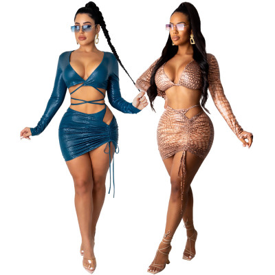Sexy Leopard Printed V-Neck Long Sleeves Cropped Top With Drawstring Mini Skirt Two Piece Sets YF880