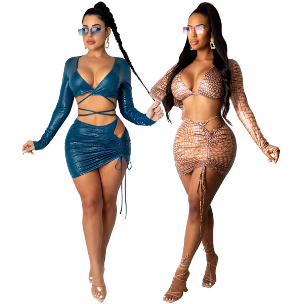 Sexy Leopard Printed V-Neck Long Sleeves Cropped Top With Drawstring Mini Skirt Two Piece Sets YF880