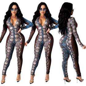 Sexy Mesh Stitching Printed Zipper V-Neck Long Sleeves Skinny Jumpsuit D9345