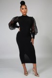 Fashion Solid Color Rould Neck Mesh Ruff Sleeves Midi Skinny Dress YS211-2