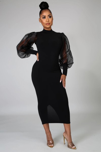 Fashion Solid Color Rould Neck Mesh Ruff Sleeves Midi Skinny Dress YS211-2
