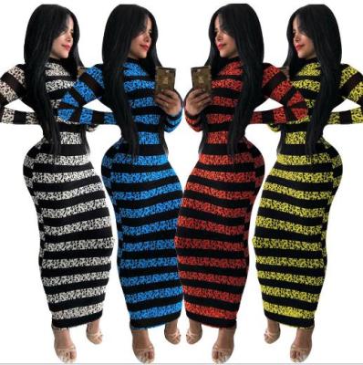 Fashion Striped Printed Round Neck Long Sleeves Midi Skinny Dress WMZ2580