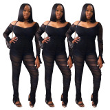 Sexy Mesh Pleated Off Shoulder Long Sleeves Split Pants Jumpsuit  X1028