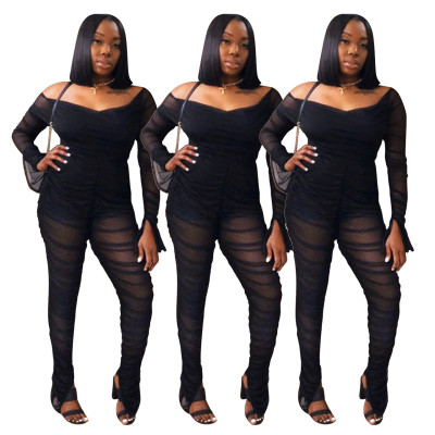 Sexy Mesh Pleated Off Shoulder Long Sleeves Split Pants Jumpsuit  X1028