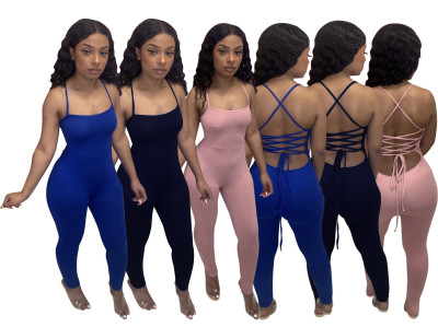 Fashion sexy solid color halter neck halter eyelet strappy jumpsuit N9284