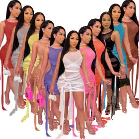 Womens sexy mesh perspective, knotted strappy sleeveless vest dress QZ6121
