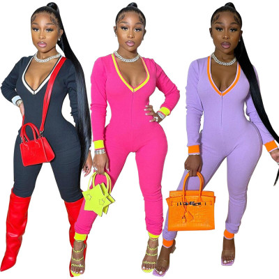 Fashion Contrast Stitching V-Neck Long Sleeves Yoga Jumpsuit  LD9089