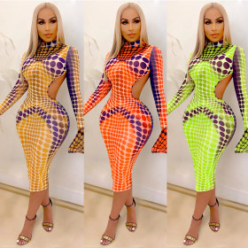 Sexy Printed Round Neck Long Sleeves Backless Midi Bodycon Dress XZ3881
