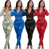 Fashion Printed Zipper Long Sleeves Mini Top With Pleated Trousers Two Piece Sets TK6139