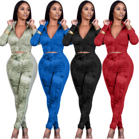 Fashion Printed Zipper Long Sleeves Mini Top With Pleated Trousers Two Piece Sets TK6139