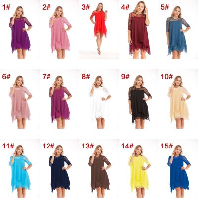 Lace stitching three-quarter sleeves mid-length knee-length chiffon dress OYW6042
