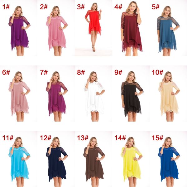 Lace stitching three-quarter sleeves mid-length knee-length chiffon dress OYW6042